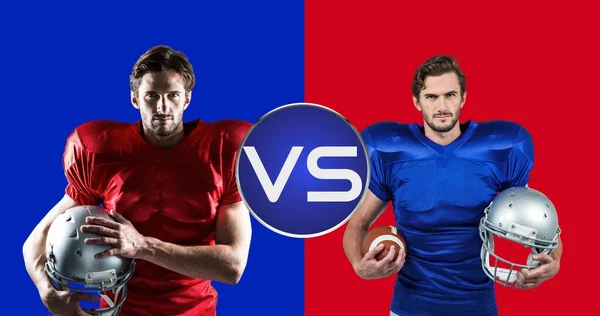 Portrait Confident Male American Footballers Holding Helmets Colored Background Digital — 图库照片