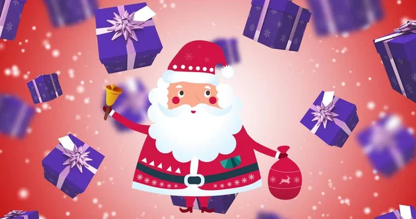 Векторное Изображение Санта Клауса Фиолетовыми Подарочными Коробками Красном Фоне Рождественский — стоковое фото