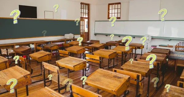 Digital Composite Image Question Marks School Classroom Empty Wooden Desks — Stock Photo, Image