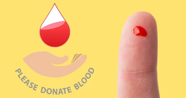 Close Blood Drop Finger Please Donate Symbol Yellow Background Digital — Stock Photo, Image