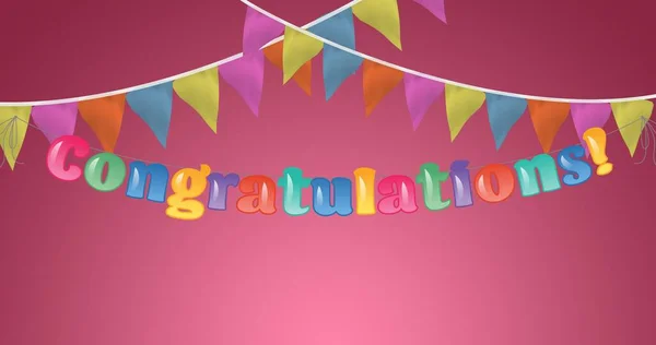 Kleurrijke Felicitaties Tekst Buntings Met Kopieerruimte Tegen Roze Achtergrond Digitale — Stockfoto