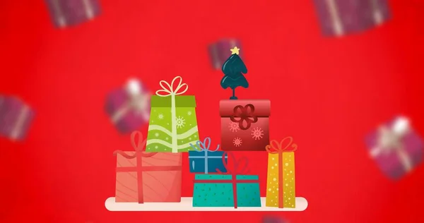 コピースペースを持つ赤い背景に対してクリスマスプレゼントのデジタル生成画像 クリスマス フェスティバルベクトル伝統 — ストック写真