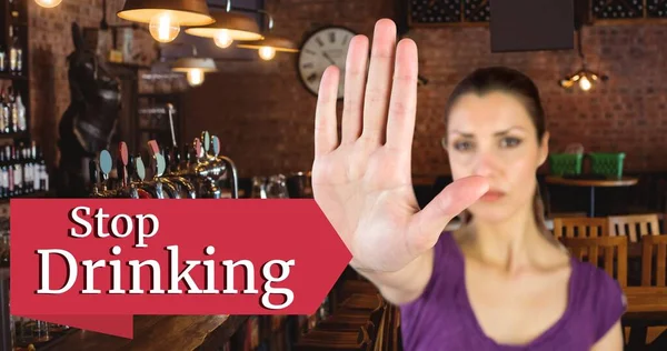 Digital Composite Image Woman Showing Hand Sign Stop Drinking Text — Stock Photo, Image