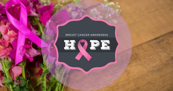 Sammansättning Hopp Text Med Bröstcancer Medvetenhet Slogan Över Blommor Bordet — Stockfoto