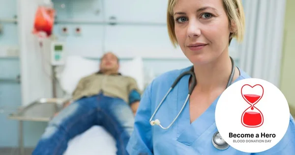 Portrait Female Doctor Blood Donor Lying Bed Hospital Become Hero — Stock Photo, Image