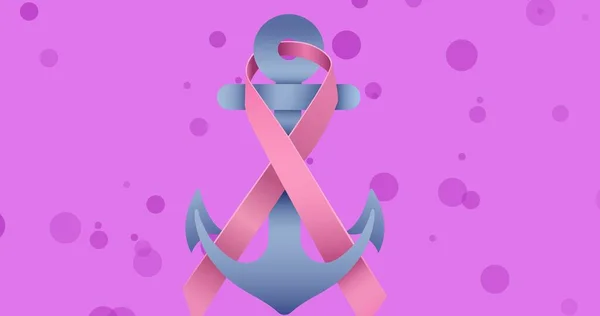 コピースペースのある紫色の背景に対してアンカー上のピンクリボンのデジタル生成画像 乳がん啓発キャンペーンとベクトルコンセプト — ストック写真