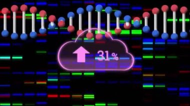 Hareket eden kolonların ve DNA ipliklerinin üzerinde artan sayıdaki bulut animasyonu. küresel iş, veri işleme ve dijital arayüz kavramı dijital olarak oluşturulmuş video.
