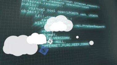 Veri işleme üzerinde simgeler olan bulutların animasyonu. küresel iş, veri işleme ve dijital arayüz kavramı dijital olarak oluşturulmuş video.