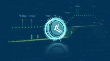 Grafik ve veri işleme üzerinden hareket eden saatin animasyonu. küresel iş, veri işleme ve dijital arayüz kavramı dijital olarak oluşturulmuş video.