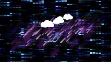 Hareket eden sütunların ve mor çizgilerin üzerinde ikonlar olan bulutların animasyonu. küresel iş, veri işleme ve dijital arayüz kavramı dijital olarak oluşturulmuş video.