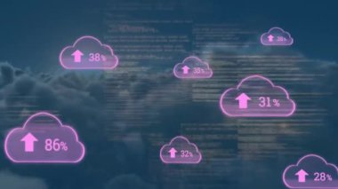 Bulutların yüzdesi ve veri işleme yüzdesi bulutların üzerinde. küresel iş, finans, bağlantılar ve dijital arayüz konsepti dijital olarak oluşturulmuş video.