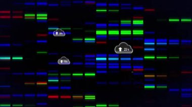 Hareket eden sütunların üzerinde artan sayıdaki bulutların animasyonu. küresel iş, veri işleme ve dijital arayüz kavramı dijital olarak oluşturulmuş video.