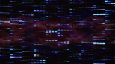 Hareket eden kolonların üzerindeki DNA ipliklerinin animasyonu. küresel iş, veri işleme ve dijital arayüz kavramı dijital olarak oluşturulmuş video.