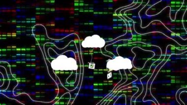 Hareket eden sütunların ve beyaz çizgilerin üzerinde ikonlar olan bulutların animasyonu. küresel iş, veri işleme ve dijital arayüz kavramı dijital olarak oluşturulmuş video.