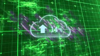 Yeşil şekillerin üzerinde artan sayıdaki bulut animasyonu. küresel iş, veri işleme ve dijital arayüz kavramı dijital olarak oluşturulmuş video.