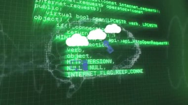 Dijital beyin ve veri işleme üzerinde ikonlar olan bulutların animasyonu. küresel iş, veri işleme ve dijital arayüz kavramı dijital olarak oluşturulmuş video.