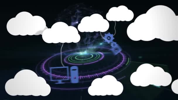 Animacja Chmur Ikonami Całym Świecie Globalne Połączenia Technologie Przetwarzanie Danych — Wideo stockowe