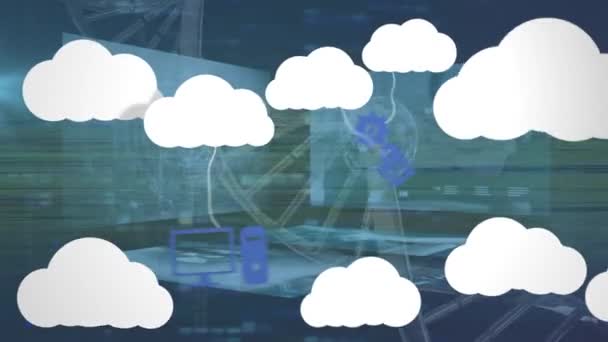 带有媒体图标和蓝底Dna链的云彩动画 全球商业 连接和数字视频接口概念 — 图库视频影像