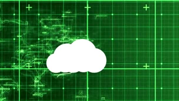 Animação Nuvens Com Ícones Sobre Formas Verdes Conceito Global Negócios — Vídeo de Stock