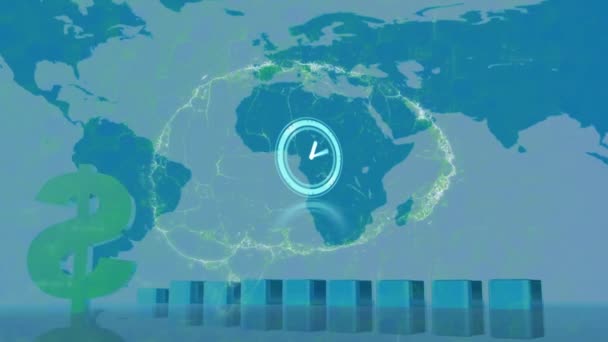 数字脑 美元符号 图形和世界地图上移动时钟的动画 全球商业 数据处理和数字视讯接口概念 — 图库视频影像