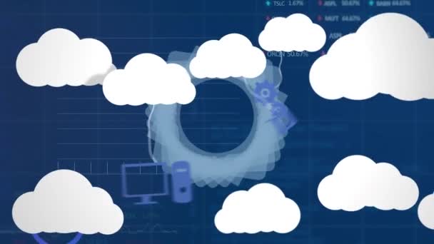 Animation Von Wolken Mit Mediensymbolen Und Datenverarbeitung Auf Blauem Hintergrund — Stockvideo
