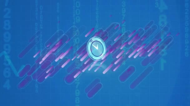 紫色の線 グラフ データ処理上の移動時計のアニメーション 世界的なビジネス データ処理 デジタルインターフェースの概念デジタル生成されたビデオ — ストック動画