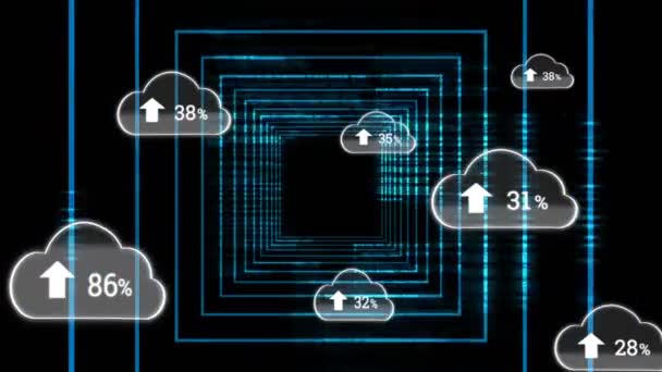 霓虹灯正方形上的云彩动画 全球连接 数据处理和数字视频产生的数字接口概念 — 图库视频影像