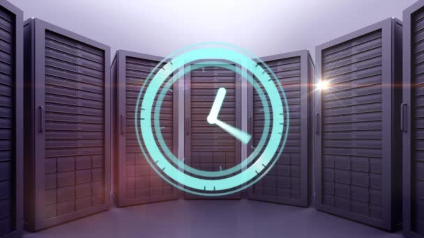 Animação Relógio Movendo Rapidamente Sobre Servidores Computador Sala Tecnologia Conceito — Vídeo de Stock