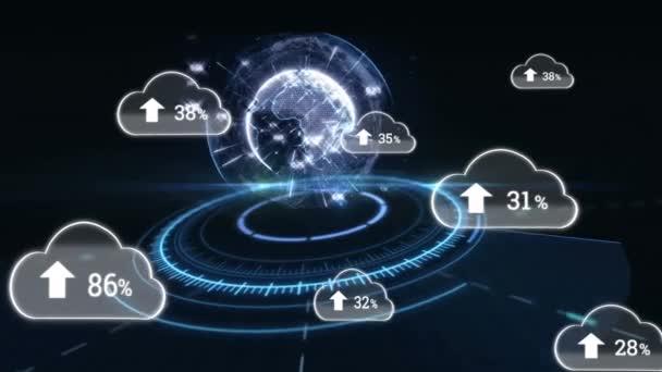 Animación Nubes Con Número Creciente Sobre Globo Conexiones Globales Tecnología — Vídeos de Stock