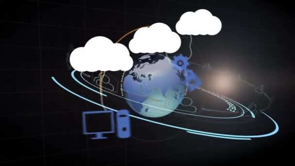 Animación Nubes Con Iconos Sobre Globo Conexiones Globales Tecnología Procesamiento — Vídeo de stock