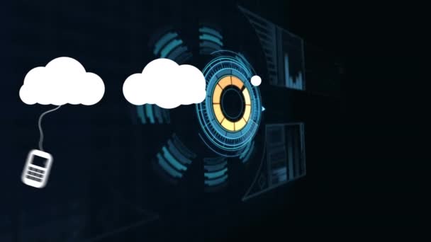 Animación Nubes Con Iconos Sobre Escaneo Alcance Procesamiento Datos Conexiones — Vídeos de Stock