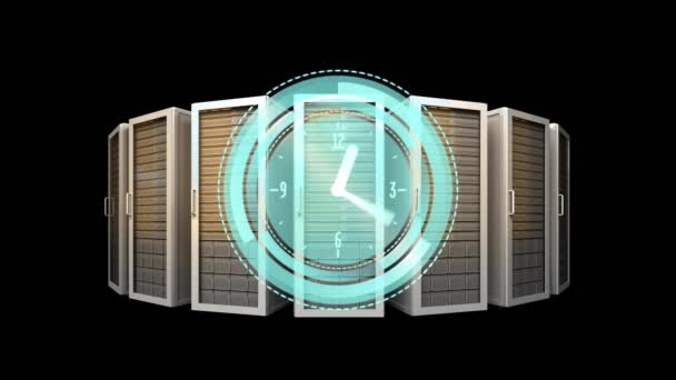 Animation Der Sich Schnell Bewegenden Uhr Über Computer Server Globale — Stockvideo