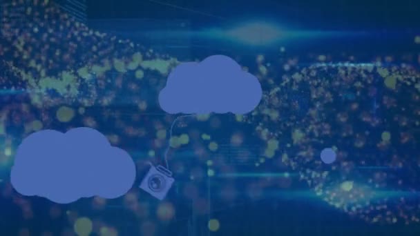 Animação Nuvens Com Ícones Sobre Pontos Brilhantes Conceito Global Negócios — Vídeo de Stock