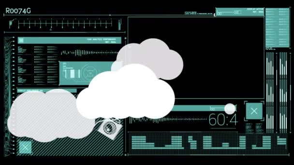 Animação Nuvens Com Ícones Sobre Processamento Dados Conceito Global Negócios — Vídeo de Stock