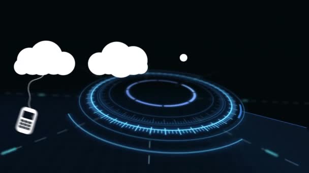 Animacja Chmur Ikonami Nad Cyfrowym Modelem Domu Globalne Połączenia Technologie — Wideo stockowe
