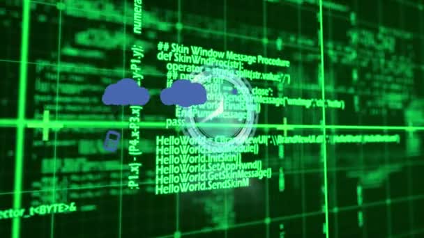 Animación Nubes Con Iconos Sobre Reloj Movimiento Procesamiento Datos Negocio — Vídeos de Stock