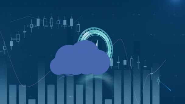 Animación Nubes Con Iconos Sobre Gráfico Reloj Movimiento Negocio Global — Vídeos de Stock