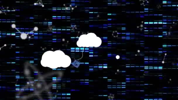 移動する列や分子の上にアイコンを持つ雲のアニメーション 世界的なビジネス データ処理 デジタルインターフェースの概念デジタル生成されたビデオ — ストック動画
