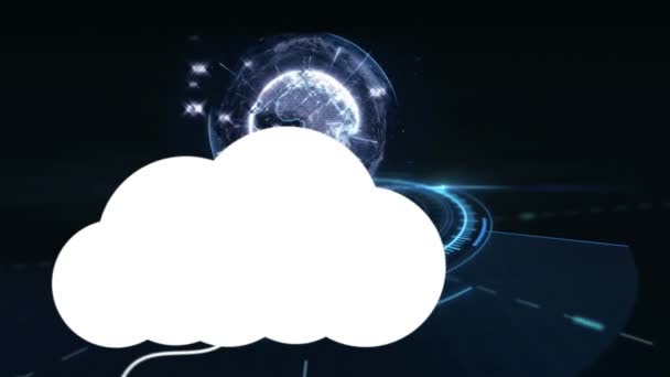 Animação Nuvens Com Ícones Sobre Globo Conexões Globais Tecnologia Processamento — Vídeo de Stock