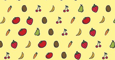 Çeşitli meyvelerin dijital görüntüsü sarı arka planda, kopyalama alanında. sağlıklı yiyecek, geçmiş ve vektör kavramı.