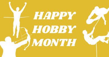 Sarı arka plan karşısında çeşitli sporlarla dolu mutlu bir hobi ayının vektör görüntüsü, kopyalama alanı. Ulusal hobi ayı, hobiler ve spor konsepti.