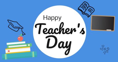 Mavi arka planda okul malzemeleri olan mutlu öğretmenler günü mesajının vektör görüntüsü, kopyalama alanı. Öğretmenler günü, eğitim, vektör ve okul kavramı.