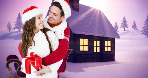 Image Composite Couple Heureux Dans Des Chapeaux Père Noël Avec — Photo