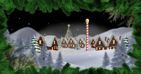 Composición Casas Cubiertas Nieve Por Noche Durante Navidad Vistas Través —  Fotos de Stock