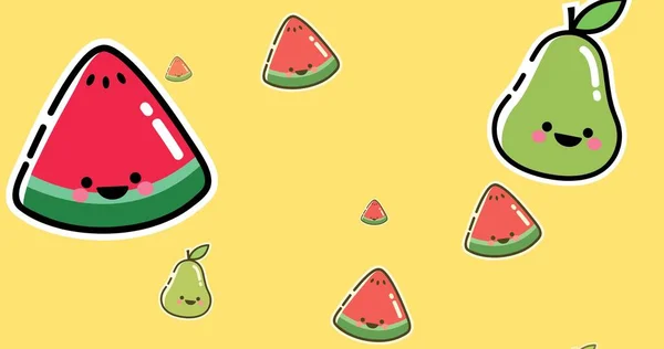 Vektorbild Von Wassermelonenscheiben Und Birnen Mit Smiley Gesichtern Vor Gelbem — Stockfoto