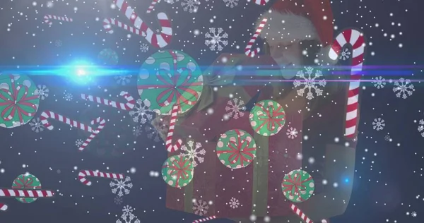Sammansatt Bild Jul Dekorationer Över Snöig Bakgrund Med Kopieringsutrymme Jul — Stockfoto