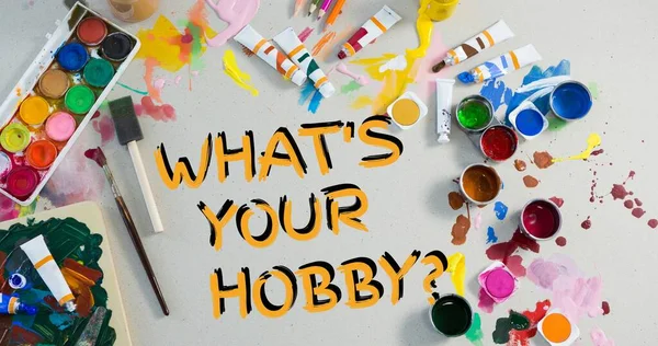 Sammansättning Vad Din Hobby Text Med Olika Konstmaterial Och Färger — Stockfoto
