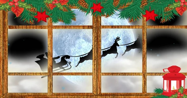 Vektor Bild Santa Släde Sett Genom Dekorerade Fönster Fullmåne Natt — Stockfoto