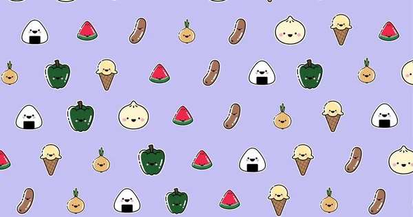 紫色の背景 コピースペースに笑顔で様々な食品のベクトル画像 食べ物背景やベクトルの概念 — ストック写真