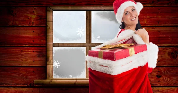 Komposition Einer Glücklichen Frau Mit Weihnachtsmütze Die Geschenke Sack Vor — Stockfoto